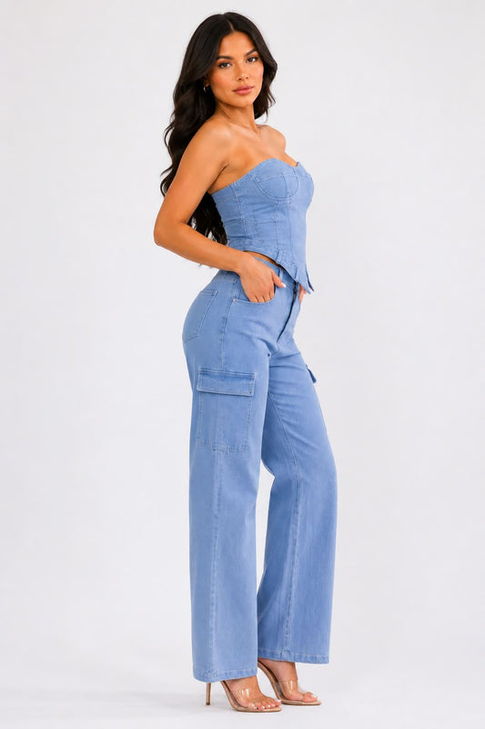 Bella Denim Corset & Wide - Leg Pant Set