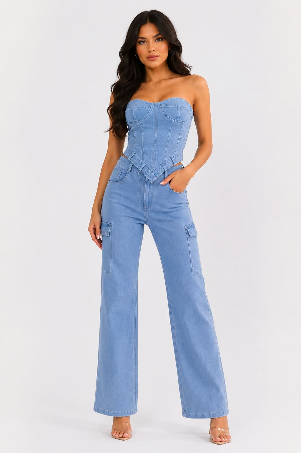 Bella Denim Corset & Wide - Leg Pant Set