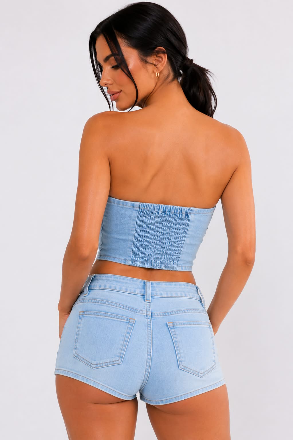 Light Wash Strapless Denim Corset Top
