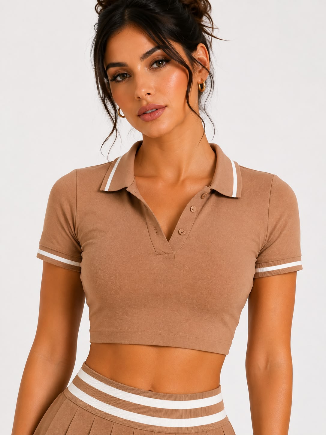 Preppy Pleated Skirt & Crop Polo Set - Tan