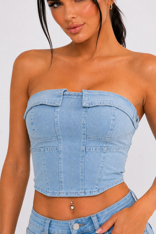 Light Wash Strapless Denim Corset Top
