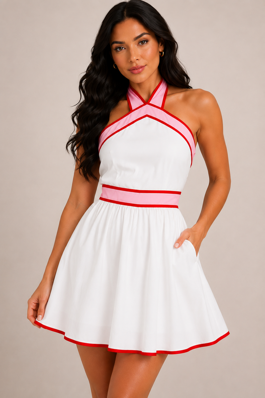 Bella Halter Dress - White,Pink & Red✨️