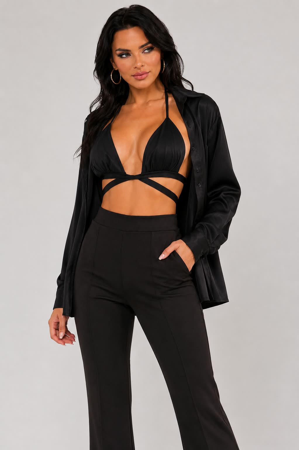 Midnight Black Satin & Wrap Halter Top Set🖤
