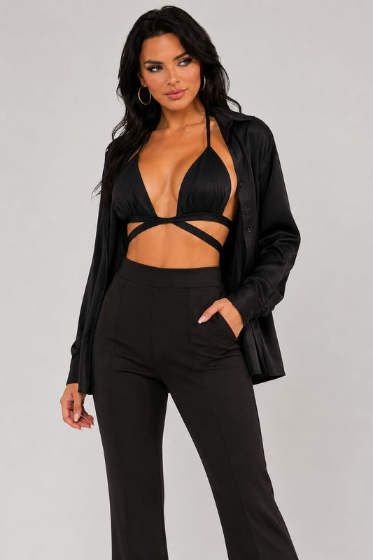 Midnight Black Satin & Wrap Halter Top Set🖤