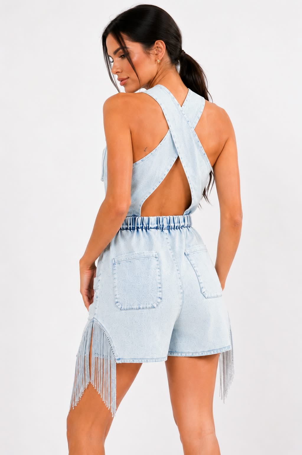Fringe Detail Denim Romper - Light Wash