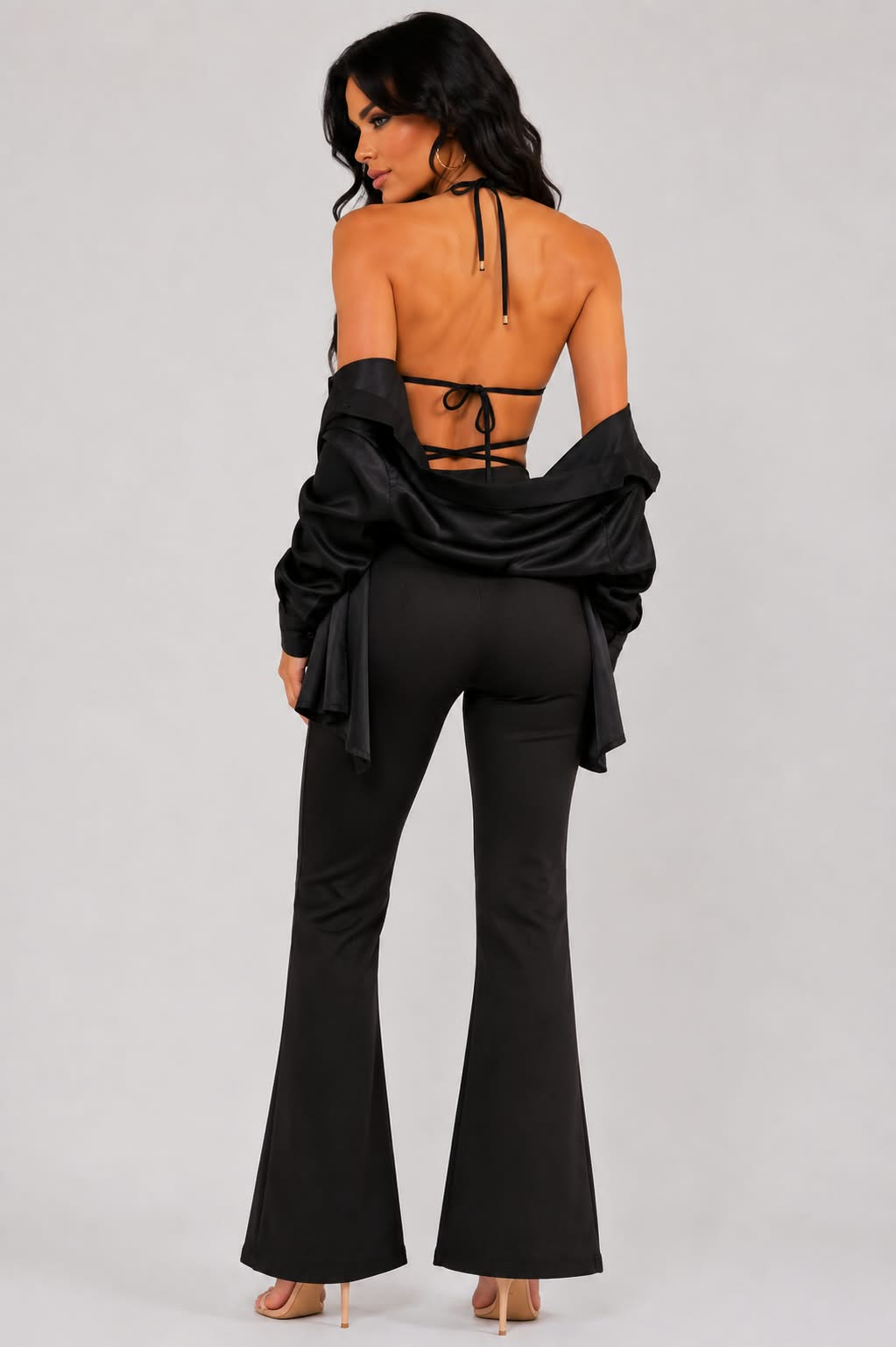 Midnight Black Satin & Wrap Halter Top Set🖤