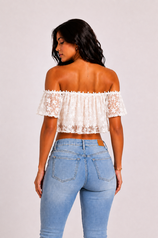White Floral Lace Off-Shoulder Crop Top