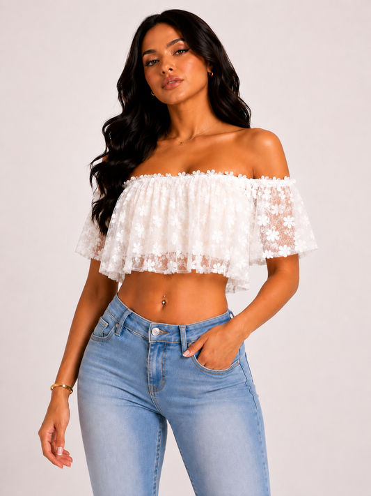 White Floral Lace Off-Shoulder Crop Top
