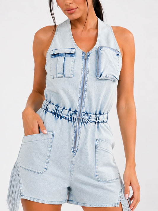 Fringe Detail Denim Romper - Light Wash