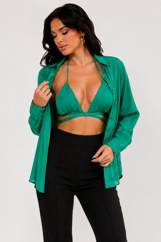 Emerald Green Shirt & Wrap Halter Top Set 💚