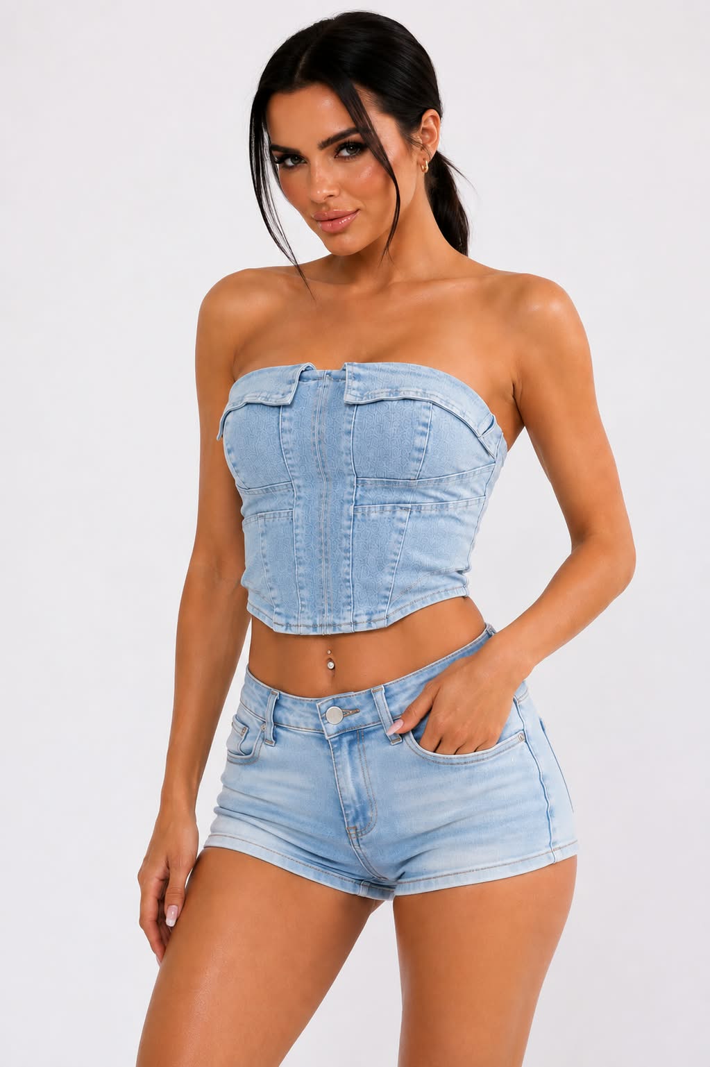Light Wash Strapless Denim Corset Top