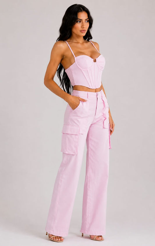 Barbie Pink Corset & Wide-Leg Cargo Pants Set